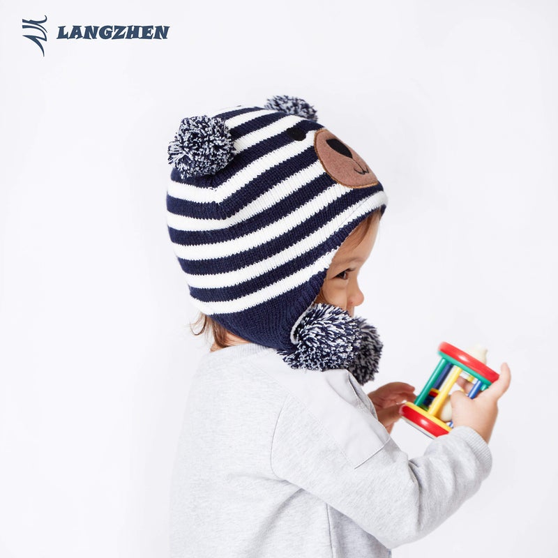LANGZHEN Toddler Kids Infant Winter Hat,Earflap Knit Warm Cap Fleece Lined Beanie for Baby Boys (Bear -Navy Stripe, L(50-52CM/19.69"-20.47")) - Image 4